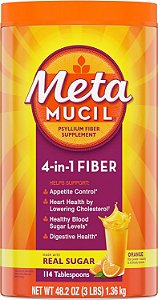 Metamucil, Suplemento Diário de Pó de Casca de Psyllium com Açúcar Real, 4-em-1 de Fibras para a Saúde Digestiva, Bebida com Sabor Suave de Laranja, 114 Porções