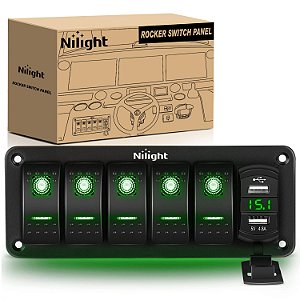 Painel de interruptores de balancim Nilight 5 Gang com iluminação verde, carregador USB duplo de 4,8 A, voltímetro à prova d'água 12V 24V DC, com adesivos fosforescent