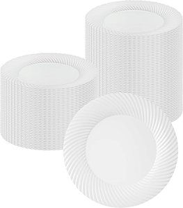 Pratos Descartáveis Premium de 9 Polegadas Moderna, 40 Pratos de Plástico Redondos para Festas - Padrão de Ondas, Resistente, Pratos de Jantar de Plástico Branco, Para Alimentos Quentes e F