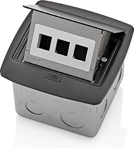 Caixa de Piso Pop-Up Leviton PFQP3-MB com inserção QuickPort de 3 Portas, Preto.