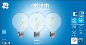 Lâmpadas de LED GE Refresh, 60 Watts, Luz Natural, G25 Globo, Transparente, Base Média (Pacote com 3)