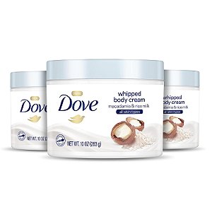 Creme Corporal Batido Dove Hidratante para Pele Seca com Leite de Macadâmia e Arroz Nutre Profundamente a Pele, 10 Onças (Pacote com 3)