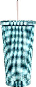 Caneca com tampa e canudo de água Paris Hilton Diamond Bling, em aço inoxidável isolado a vácuo, ornamentado com mais de 3700 strass, 16,9 onças, azul.