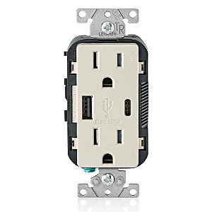 Carregador de Parede Leviton T5633-T Tipo A & Tipo-C USB com Tomada de 15A à Prova de Violação, Carregador USB para Smartphones e Tablets. Não para Notebooks, Bege Claro.