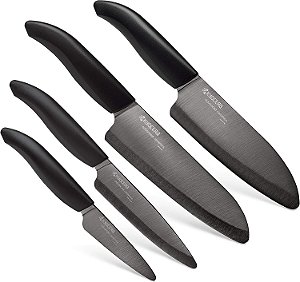 Conjunto de facas cerâmicas Revolution de 4 peças da Kyocera: Faca de chef para suas necessidades de cozinha, inclui facas Santoku de 6, Santoku de 5,5, utilitária de 4,5 e
