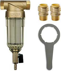 Filtro de água reutilizável para toda a casa iSpring WSP-50 Spin Down de Sedimentos de 50 Microns, 1 MNPT + 3/4 FNPT com Conexões Push to Connect