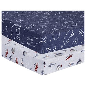 Conjunto de 2 lençóis de flanela para cercadinho Sky Traveler - Viagem Aérea - Branco, Vermelho, Azul, Cinza; Safári Estrelado - Branco, Marinho; Serve para colchão de cercad
