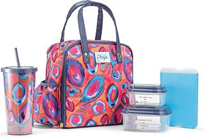 Bolsa Térmica para Almoço Wichita Fit & Fresh com Bolsos Laterais e Alças de Transporte, Kit Completo Inclui Garrafa Térmica, 2 Recipientes e Bloco de Gelo, Padrão de Pavão Ab