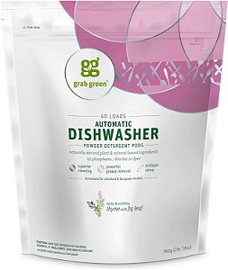 Grãos de detergente para lava-louças automático Grab Green, 60 unidades, aroma de folha de figo de tomilho, à base de plantas e minerais, limpeza superior, remoção poderosa de gordura, brilho br