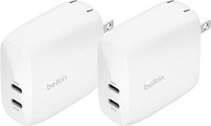 Carregador de parede Belkin BoostCharge Dual USB-C com PPS 60W para Apple iPhone, iPad, Samsung Galaxy, Google Pixel - Compatível com Cabo USB-C para Lightning e USB-C para USB-C - Branco (pacote com 2)