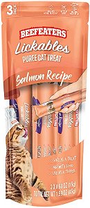 Petiscos de purê para gatos Beefeaters Lickables, Salmão, 3 unidades, Caixa com 12