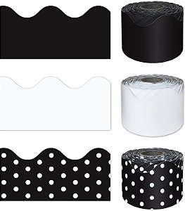 Pacote de 3 rolos de 195 pés de bordas para mural em preto e branco com ondulações da Carson Dellosa - Pacote de bordas para sala de aula para murais, 65 pés por rolo de acabamento para