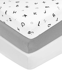 Empresa de Bebê Americana 3 Pacote de Lençol de Berço de Algodão Jersey Estampado 100% para Colchões de Berço e de Criança Padrão, Alfabeto/Cinza/Branco, para Meninos e Men