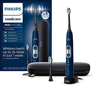 Escova de Dentes Elétrica Recarregável PHILIPS Sonicare ProtectiveClean 6500 com Estojo de Viagem para Carregar e Cabeça de Escova Extra, Azul Marinho, HX6462/07