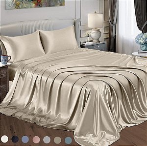 Jogo de Lençol de Cetim Macio Satin Radiance para Cama de Solteiro de Bolso Profundo, em Cetim de Seda Macia, Fronha de Cetim, Durável e Respirável, Marrom, 3 Peças