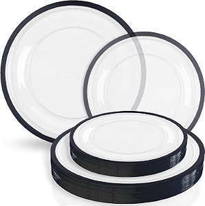 Conjunto de pratos combo Clear With Black Rim da Coleção de Contraste - (7 - 16 unidades & 10 - 16 unidades) Jogo de pratos plásticos redondos descartáveis e reutilizáveis para festas e eventos