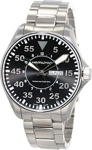 Relógio Hamilton Khaki Aviation Pilot Day Date Swiss Automatic, Caixa 46mm, Mostrador Preto, Pulseira de Aço Inoxidável Prateado (Modelo: H64715135)
