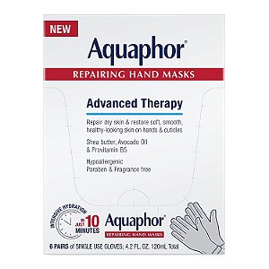 Máscaras de reparação Aquaphor para as mãos, Luvas hidratantes para as mãos secas, Hidratante para as mãos para pele seca com óleo de abacate e manteiga de karité, Pacote com 6
