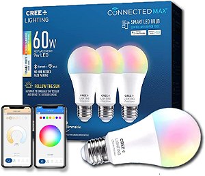 Lâmpada LED Inteligente Conectada Cree Lighting Connected Max A19 60W Branco Ajustável + Mudança de Cor, 2.4 GHz, Compatível com Alexa e Google Home, Não Necessita de Hub, Bluetooth + WiFi, 3 Un