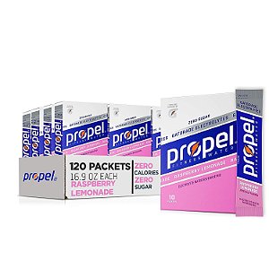 Pacotes de Pó Propel. Limonada de Framboesa com Eletrólitos, Vitaminas e Sem Açúcar, 10 unidades (Pacote de 12) - Embalagem Pode Variar