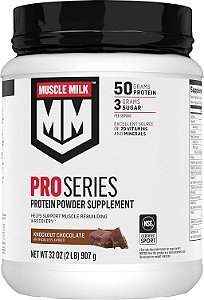 Suplemento em pó de proteína da série Muscle Milk Pro, Chocolate Nocaute, 2 libras, 11 porções, 50g de proteína, 3g de açúcar, 20 vitaminas e minerais, Certificado NSF para Es