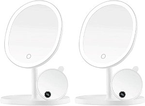 Espelho de Maquiagem Iluminado OVENTE com Ampliação, Recarregável 8.5'' de Mesa com Bandeja de Armazenamento, LED Redondo Regulável, Mini Espelho Magnético 10X, Compacto para Viagem, Aliment
