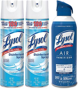 Pacote Lysol contendo x2 Lysol Spray Desinfetante para Superfícies Rígidas e Macias, Linho Fresco, 19 Fl. Oz + Lysol Spray Sanitizante de Ar, Para Sanitização de Ar e Elim