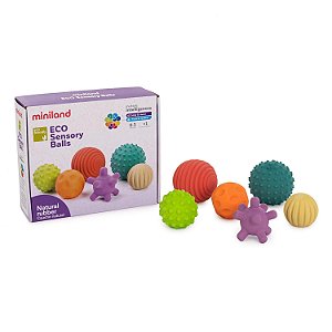 Bolas Sensoriais Miniland 6, Bebês do Nascimento aos 4 Anos, Borracha Natural, Brinquedos Macios para Mordedores, Fácil de Segurar, Texturizado, Cores para Estimulação Multissensorial, Desenv
