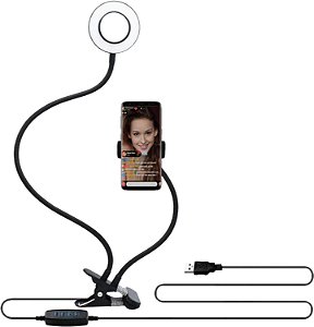 Estação de mídia IDANCE MS1808 5 em 1 com controle remoto Bluetooth, suporte flexível de braços duplos de ganso, suporte para mídia selfie - Luz de anel de 9cm com 3 modos de iluminação