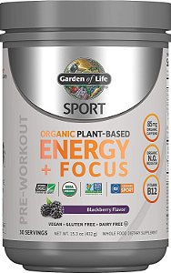 Pó de pré-treino orgânico à base de plantas Garden of Life Sport, com energia e foco limpos, com 85 mg de cafeína, sem impulsionador natural, B12, vegano, sem glúten, não transgênico,