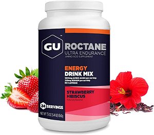 Mistura de bebida energética ultrarresistente Gu Energy Roctane, vegana, sem glúten, kosher e sem laticínios, energia para qualquer treino, Morango Hibisco, lata de 3,44 lb. (24 porções)