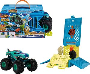 Caminhões Monstros Hot Wheels 1:24 Escala MEGA-Wrex Jaula de Colisão, Jaula de Armazenamento Oversized com 1 Caminhão de Brinquedo Grande e 4 Acessórios Esmagáveis.