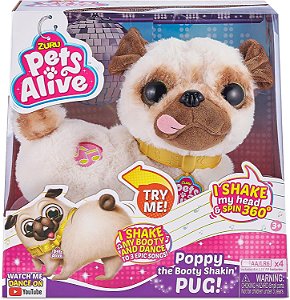 Pets Alive Poppy O Pug Que Mexe o Bumbum - Brinquedo Interativo de Pelúcia Dançante para Crianças, Meninas, Cachorro Realista Robótico de Pelúcia Macia da ZURU