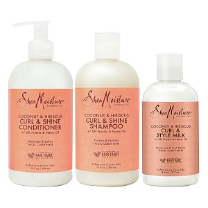 SheaMoisture Hidratação e Definição Shampoo, Condicionador e Leite para Styling para Cuidados com Cabelos Cacheados de Coco e Hibisco com Manteiga de Karité e Óleo de Coco