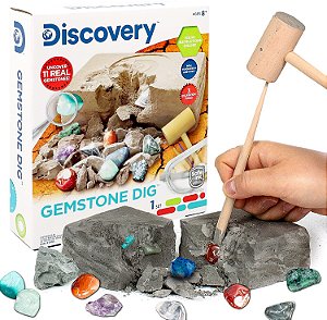 Kit de Ciências Discovery Kids Gemstone Dig da Horizon Group USA, Escavar, Cavar & Revelar 11 Gemas Reais, Inclui Óculos de Proteção, Ferramentas de Escavação, Placa de Teste de Dureza, Lupa e