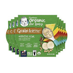 Tigela matinal Gerber Organic Grain & Grow, Aveia, Quinoa Vermelha e Farro com Frutas Tropicais, 4,5 Onças (Pacote com 8)