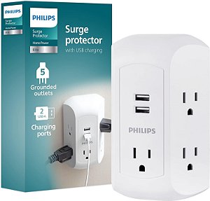 Philips Acessórios 5 Tomadas Extensor, Adaptador de Parede Aterrado, 3 Pinos, 2 USB-A, Protetor de Surto, Tomadas Espaçadas, Acesso Lateral, 560 Joules, Instalação R