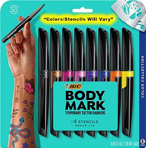 Marcadores temporários de tatuagem para a pele BIC BodyMark (MTBP81-AST), Coleção de Cores, Ponta de Pincel Flexível, Cores Sortidas, Seguro para a Pele*, Qualidade Cosmética (Pacote com