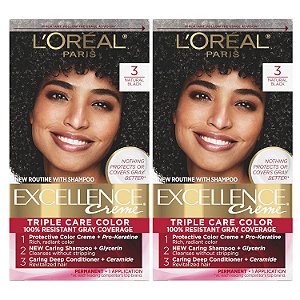 L'oreal Paris Excellence Creme Cor Permanente para Cabelo, 3 Preto Natural, Cobertura de 100 por cento dos fios brancos, Pacote com 2.