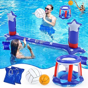 Rede de Vôlei Inflável de Piscina Grande de 116 e Cesta de Basquete com 2 Bolas de Praia Bandeira Americana Jogos de Piscina para Família e Adultos Suprimentos de Festa Flutuante do