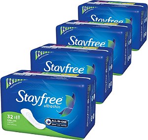 Absorventes Ultrafinos Stayfree para Mulheres, Super Longos, Sem Abas, 32 Unidades - Pacote com 4