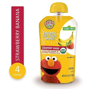 Lanches Orgânicos para Crianças da Sesame Street, Smoothie de Iogurte de Frutas Orgânicas para Crianças de 2 Anos ou Mais, Morango Banana, Pote de 4.2 oz (Pacote com 16)