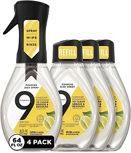 Sabão de Louça Natural 9 Elements, Líquido para Lavagem de Louça com Óleos Essenciais de Limão, Feito com o Poder do Vinagre, 1 Kit Inicial de Spray para Louça e 3 Recargas (64