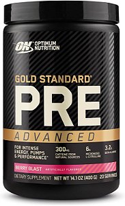 Nutrição Ótima Pré Treino Padrão Ouro Avançado, com Creatina, Beta-Alanina, L-Citrulina Micronizada e Cafeína para Energia, Amigo do Keto, Explosão de Frutas Vermelhas,
