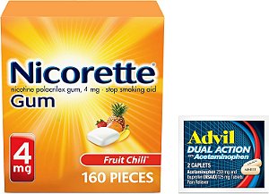 Chicletes de Nicotina Nicorette 4mg para Parar de Fumar - Ajuda com Sabor de Frutas Geladas, 1 Pacote, 160 Unidades, Mais Comprimidos Revestidos Advil Dual Action com Acetaminofeno,