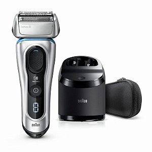 Braun Series 8 8370cc Next Generation, Barbeador Elétrico, Recarregável & Sem Fio, Prata, com Estação de Limpeza & Carregamento e Estojo de Viagem em Tecido.