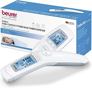Termômetro Beurer 3 em 1 de Testa sem Contato, Corpo, Superfície, Temperatura Ambiente, Alta Precisão, Grande Visor LCD Retroiluminado Azul, 60 Memórias, FT90 Branco, 32 Un