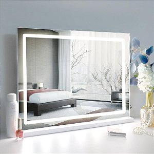 Espelho de Maquiagem LilyHome com Luzes, 22.8x 18.1 Espelho Grande Iluminado com LED e 10X de Ampliação, Porta de Carregamento USB, Controle de Toque Inteligente com 3 Cores Dim