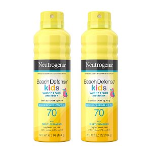 Protetor solar Neutrogena Beach Defense Kids Spray, Protetor solar resistente à água para crianças, Amplo espectro SPF 70 para proteção UVA/UVB, livre de oxibenzona e de secagem rápida, 6.5 oz