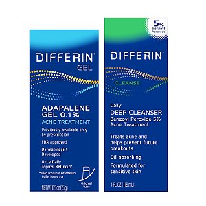 Kit de Cuidado para a Pele com Acne Differin, Tratamento para Acne com Gel Retinoide para o Rosto com 0,1% de Adapaleno e 5% de Peroxido de Benzoíla, Sabonete para